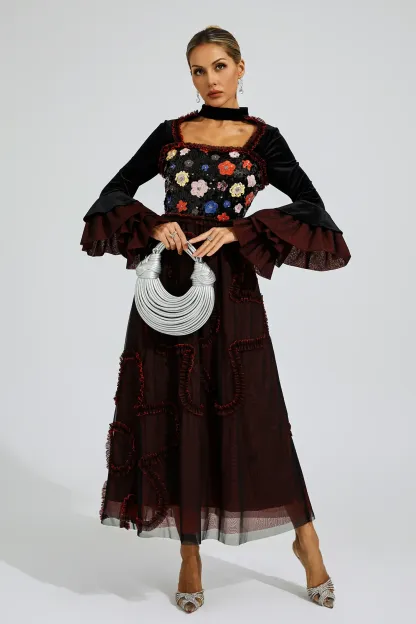 Belle Red Mesh Sequins Midi Dress