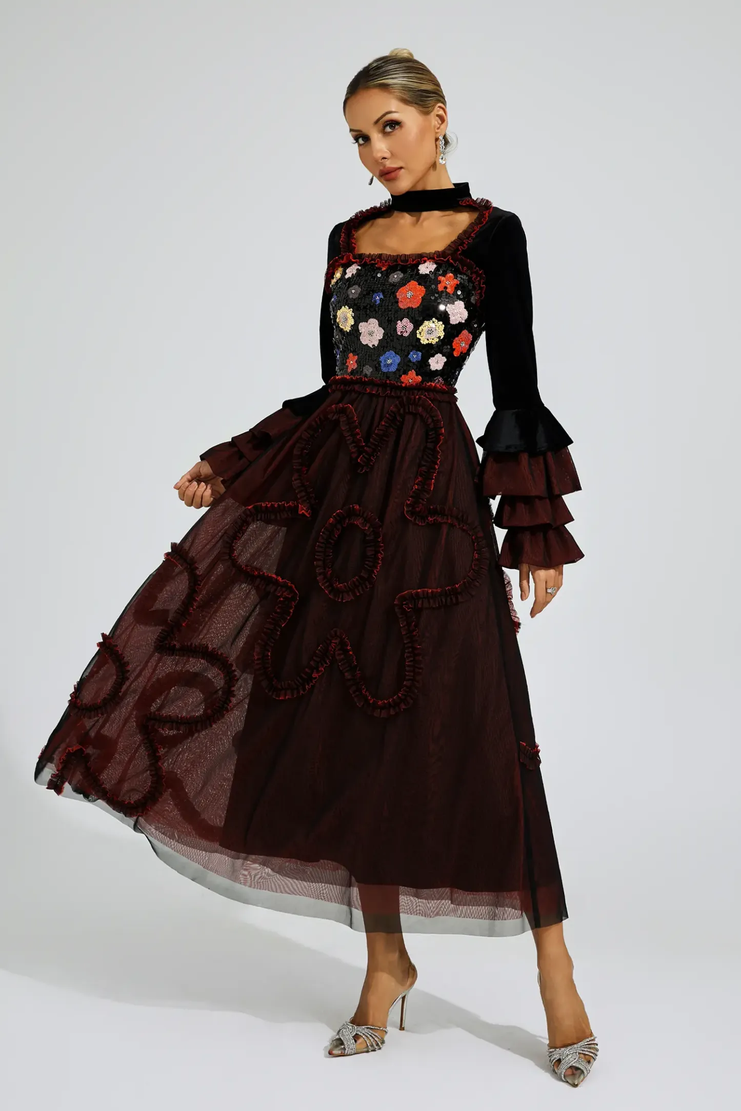 Belle Red Mesh Sequins Midi Dress