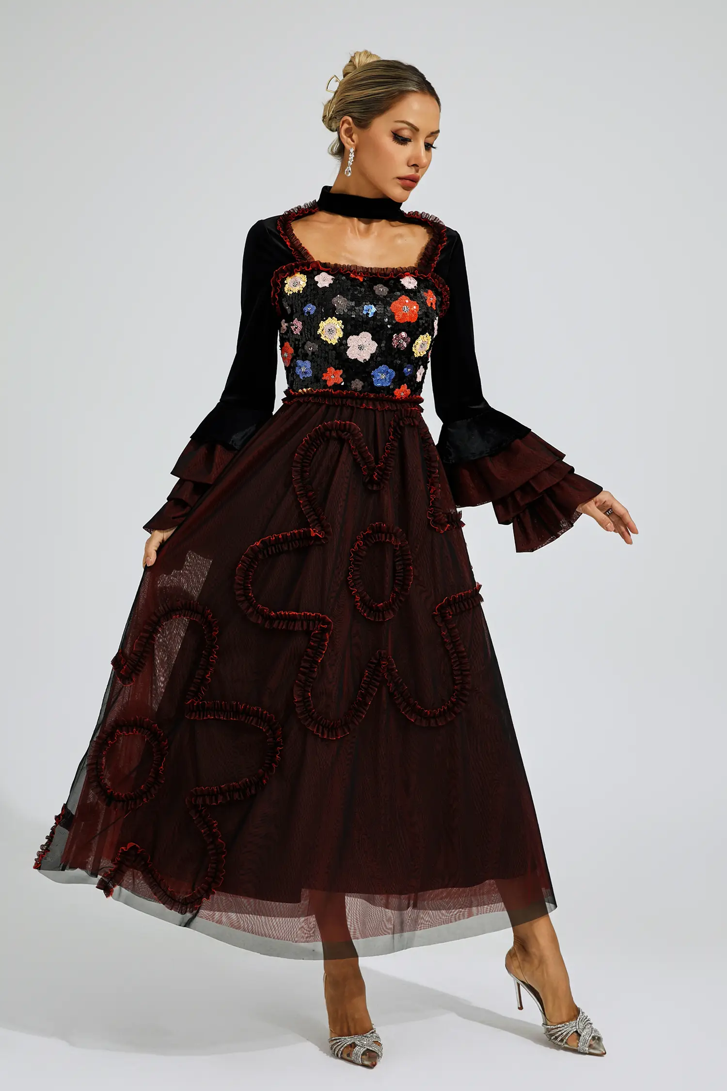 Belle Red Mesh Sequins Midi Dress