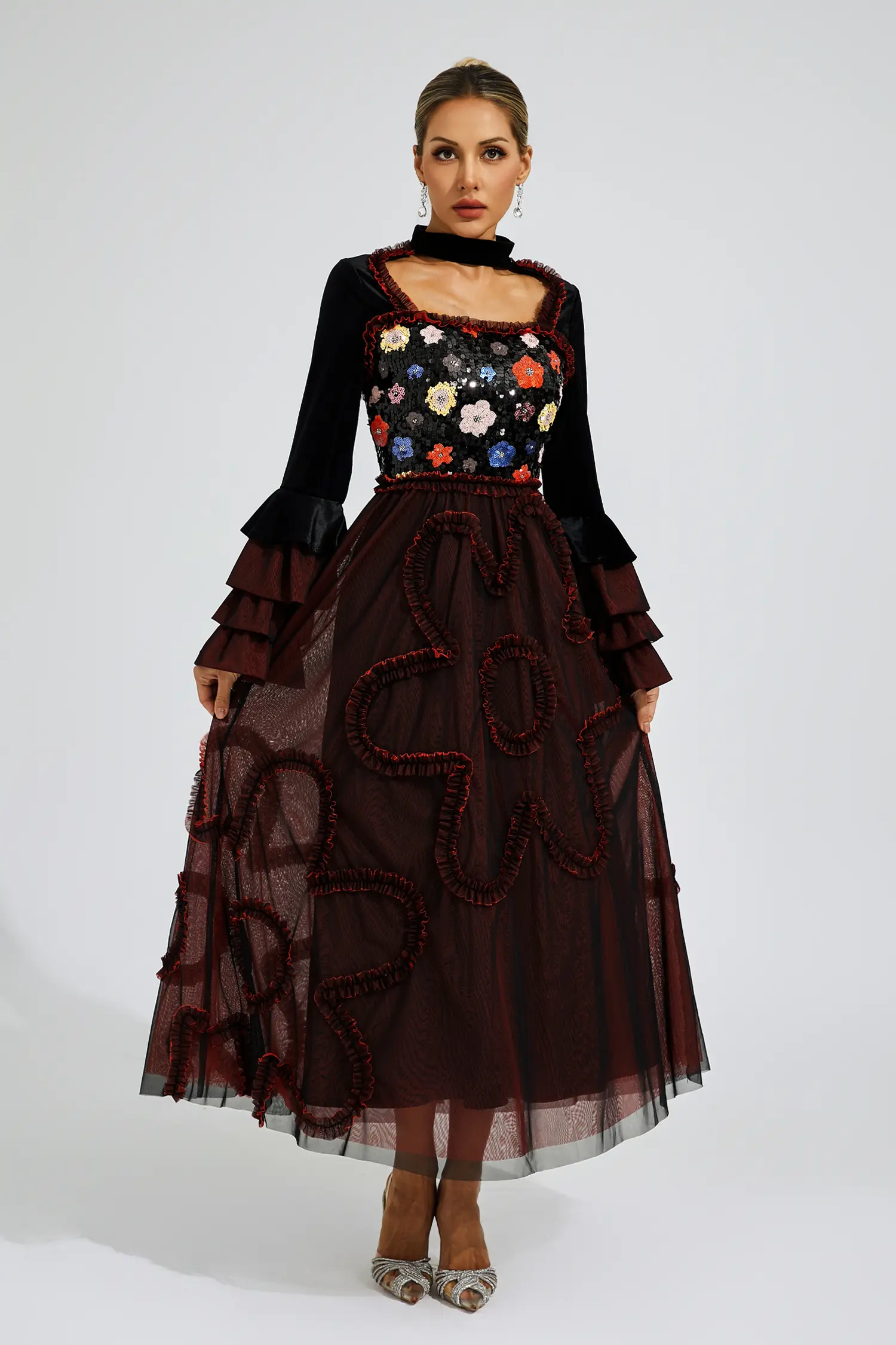 Belle Red Mesh Sequins Midi Dress