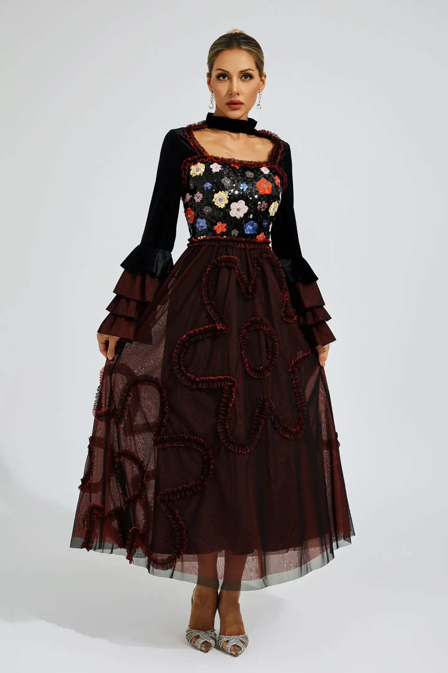 Belle Red Mesh Sequins Midi Dress