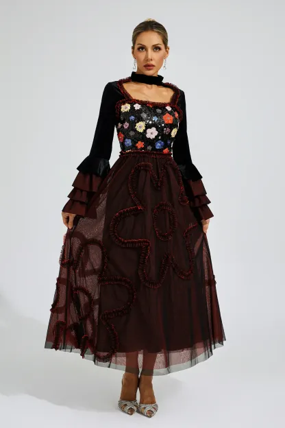 Belle Red Mesh Sequins Midi Dress
