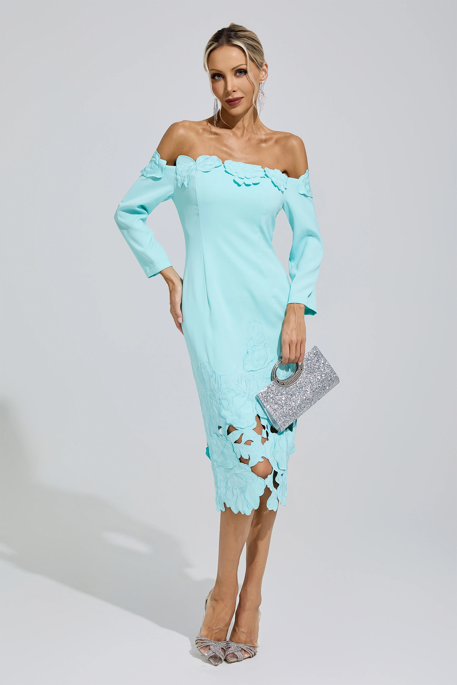 Szymborska Green Off-Shoulder Embroidered Dress