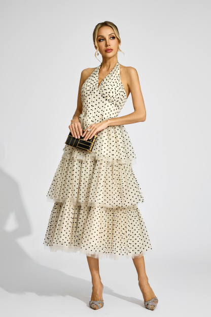 Norris Apricot Polka Dot Halter Dress