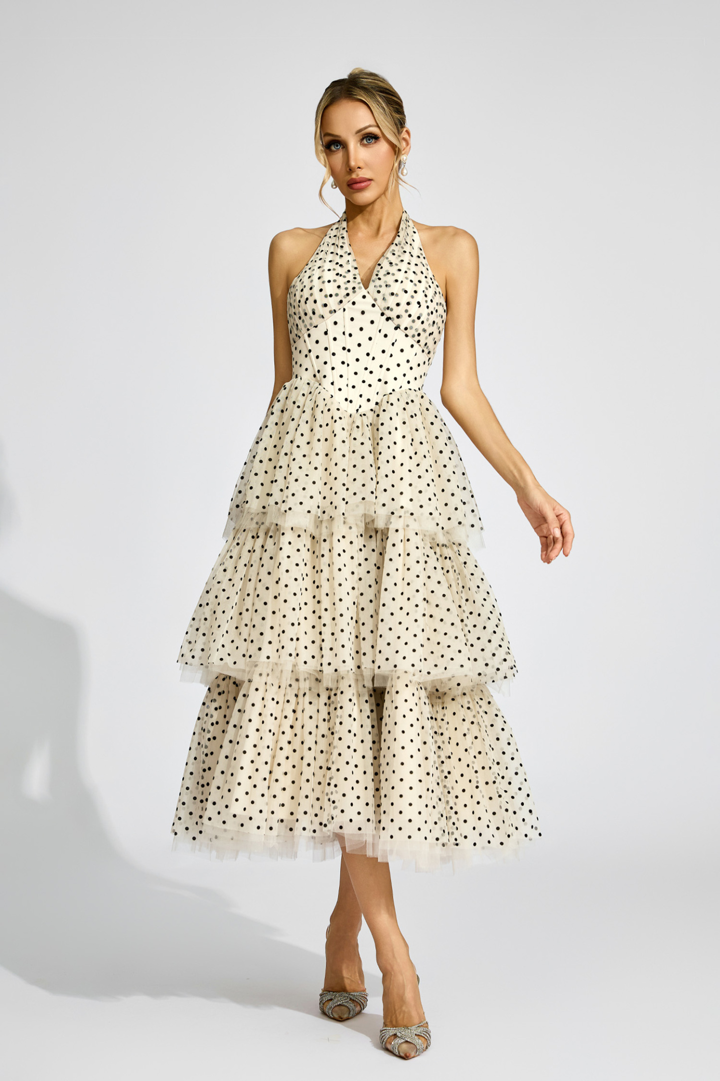 Norris Apricot Polka Dot Halter Dress