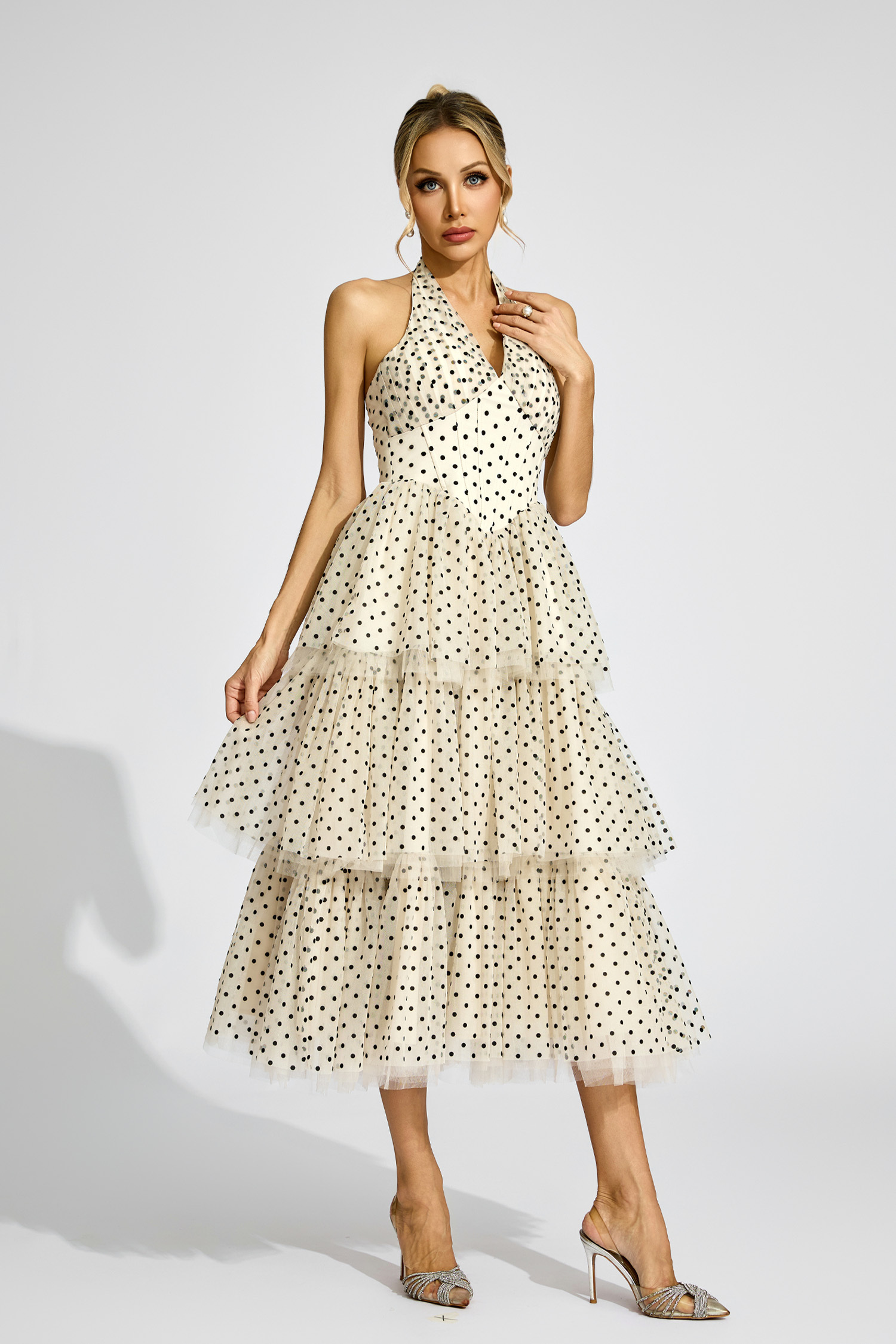 Norris Apricot Polka Dot Halter Dress