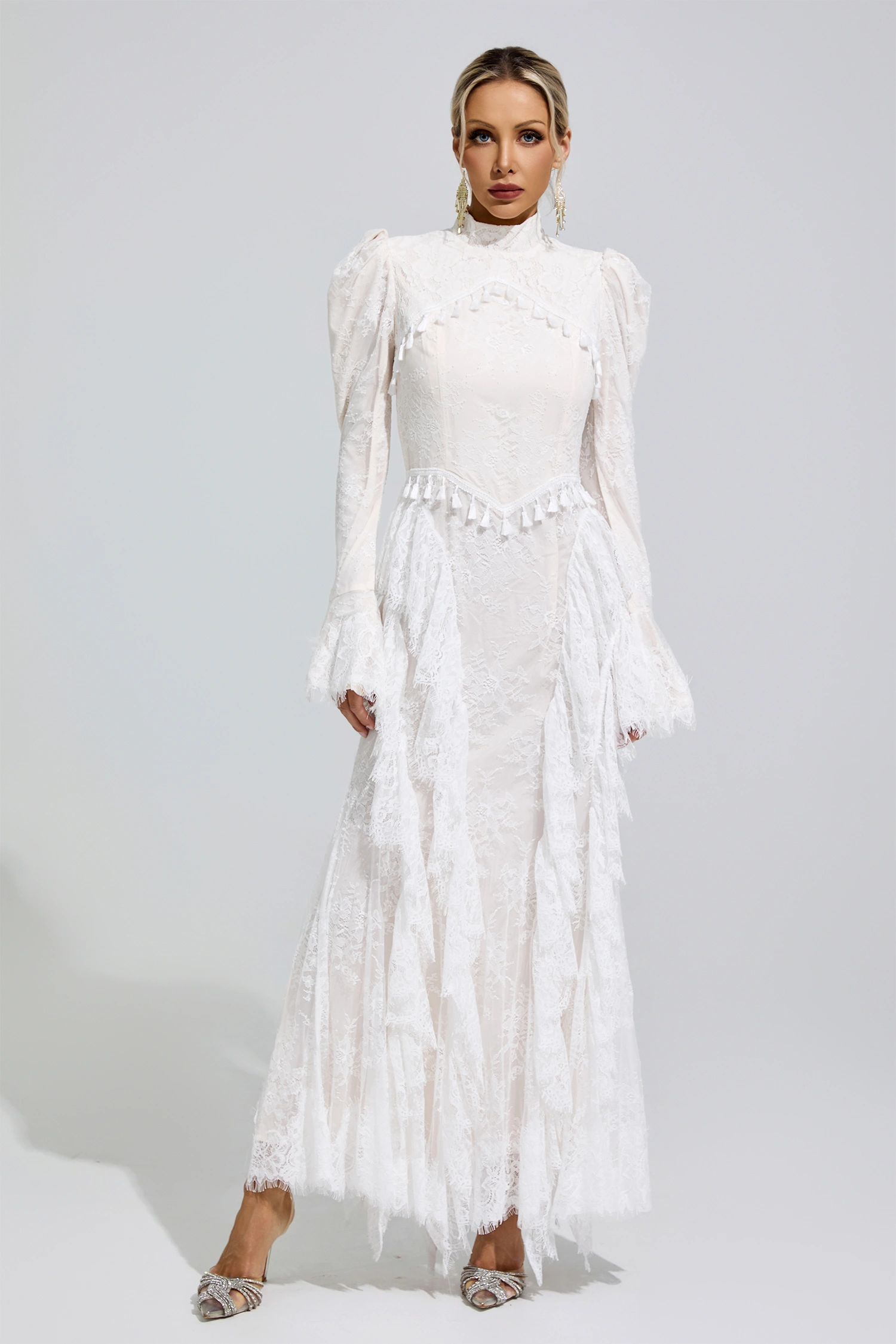 Rosalyn White Puff Sleeve Tassel Dress