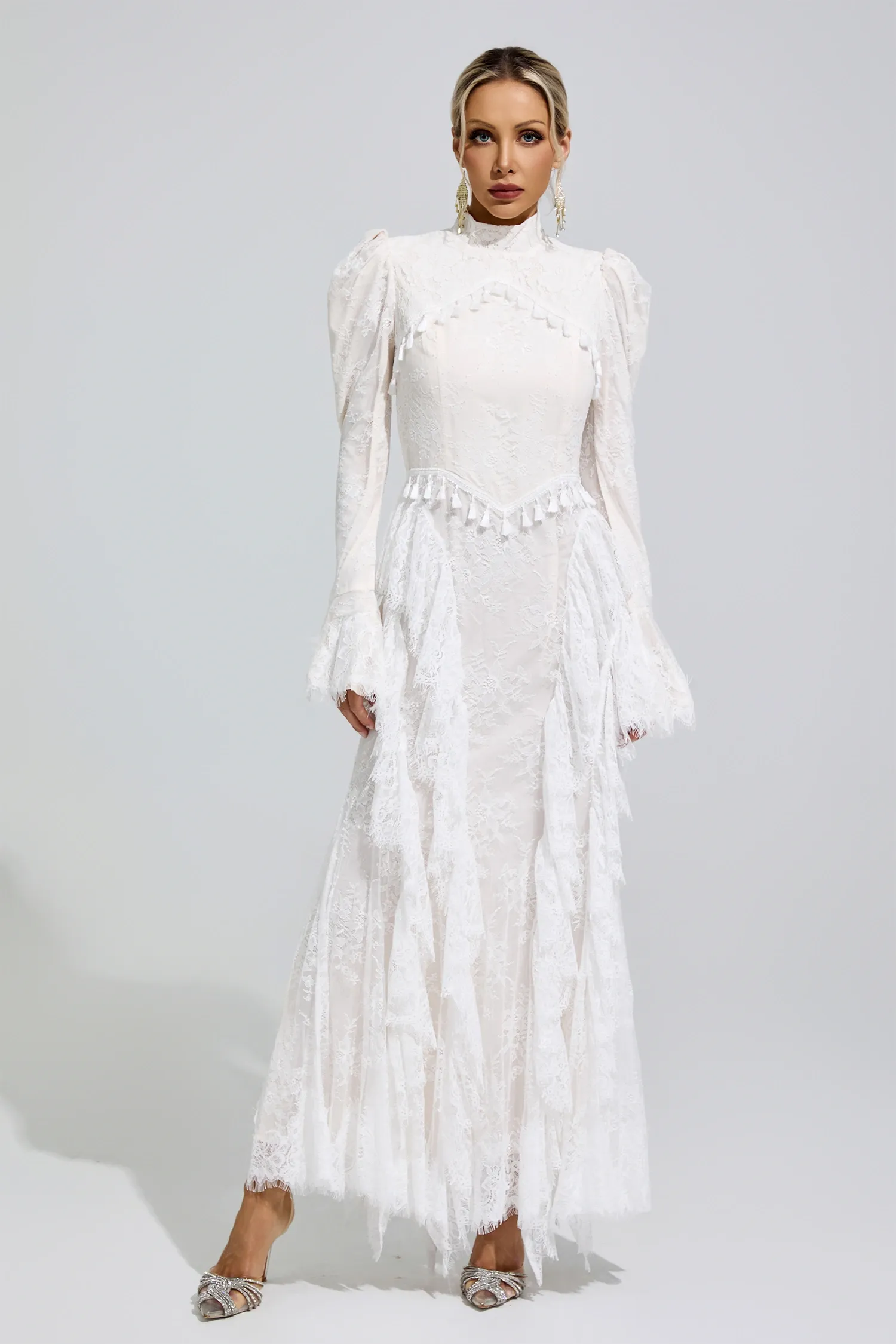 Rosalyn White Puff Sleeve Tassel Dress