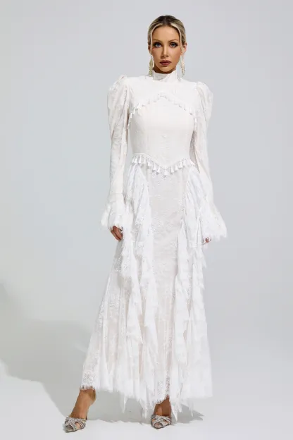 Rosalyn White Puff Sleeve Tassel Dress