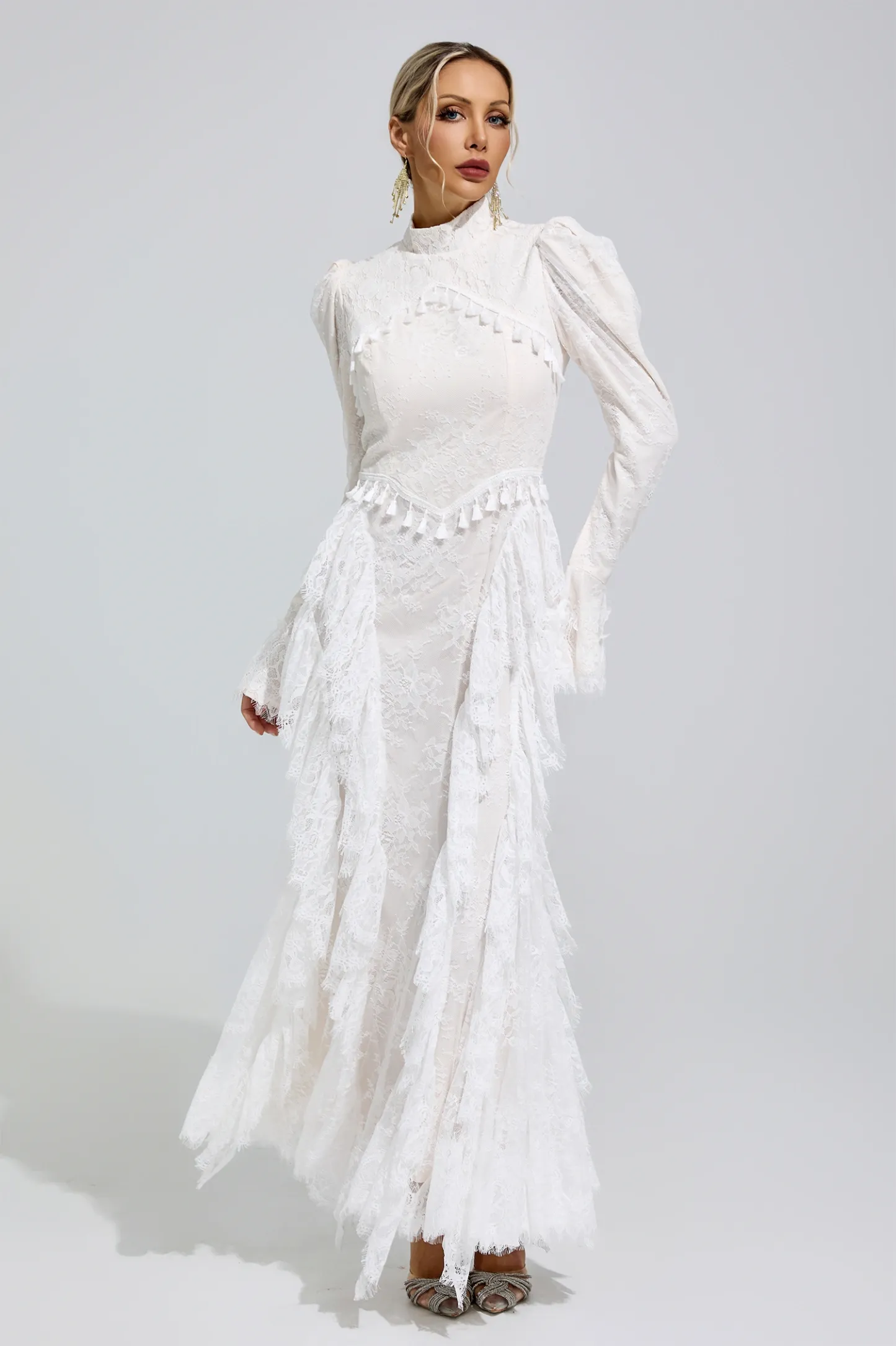 Rosalyn White Puff Sleeve Tassel Dress