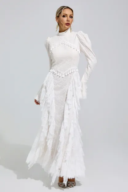 Rosalyn White Puff Sleeve Tassel Dress