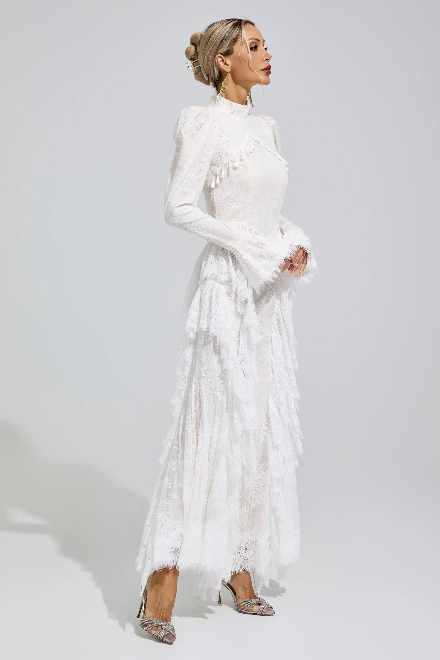 Rosalyn White Puff Sleeve Tassel Dress