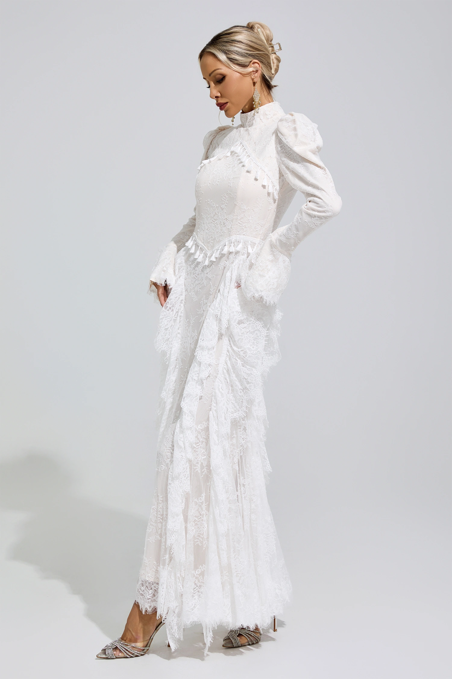 Rosalyn White Puff Sleeve Tassel Dress