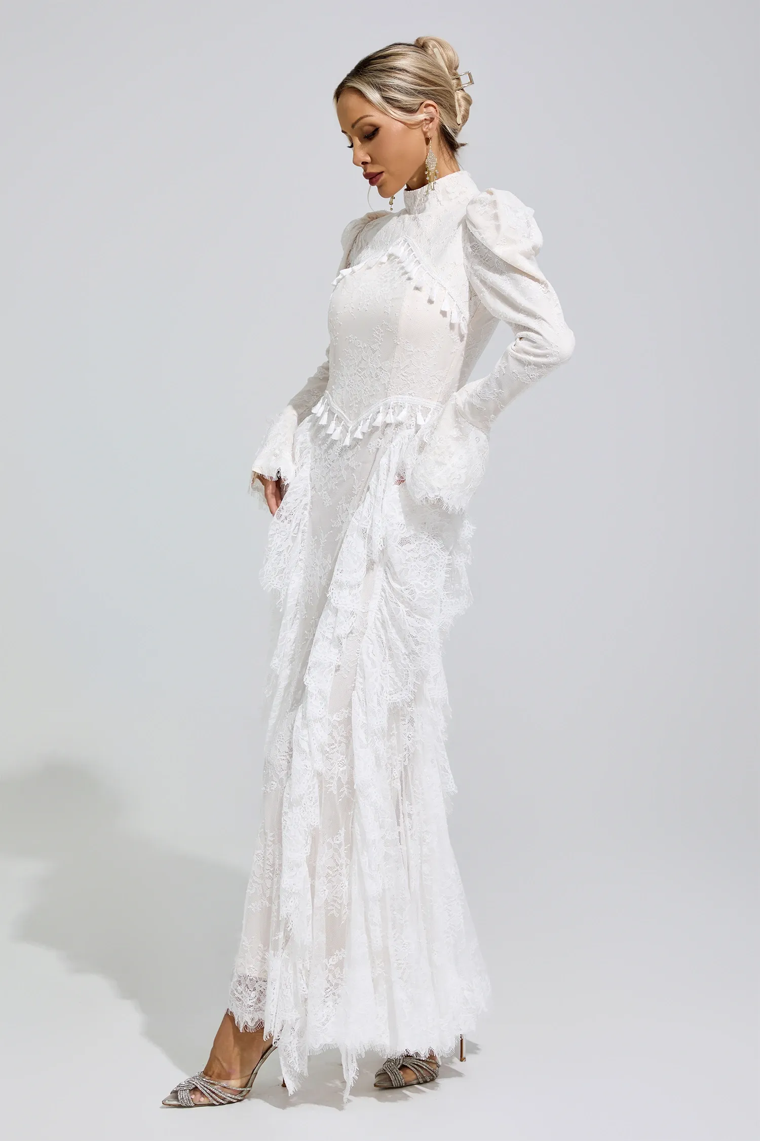 Rosalyn White Puff Sleeve Tassel Dress