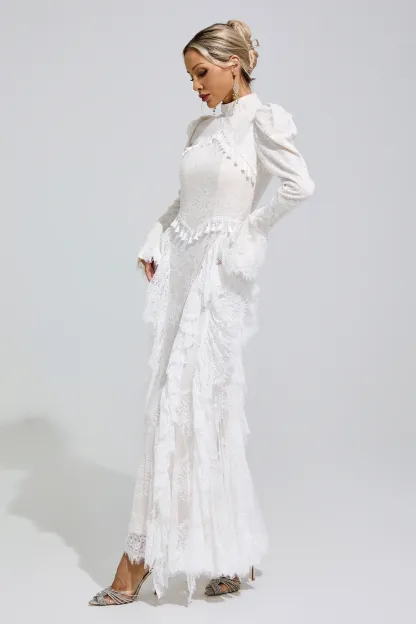 Rosalyn White Puff Sleeve Tassel Dress