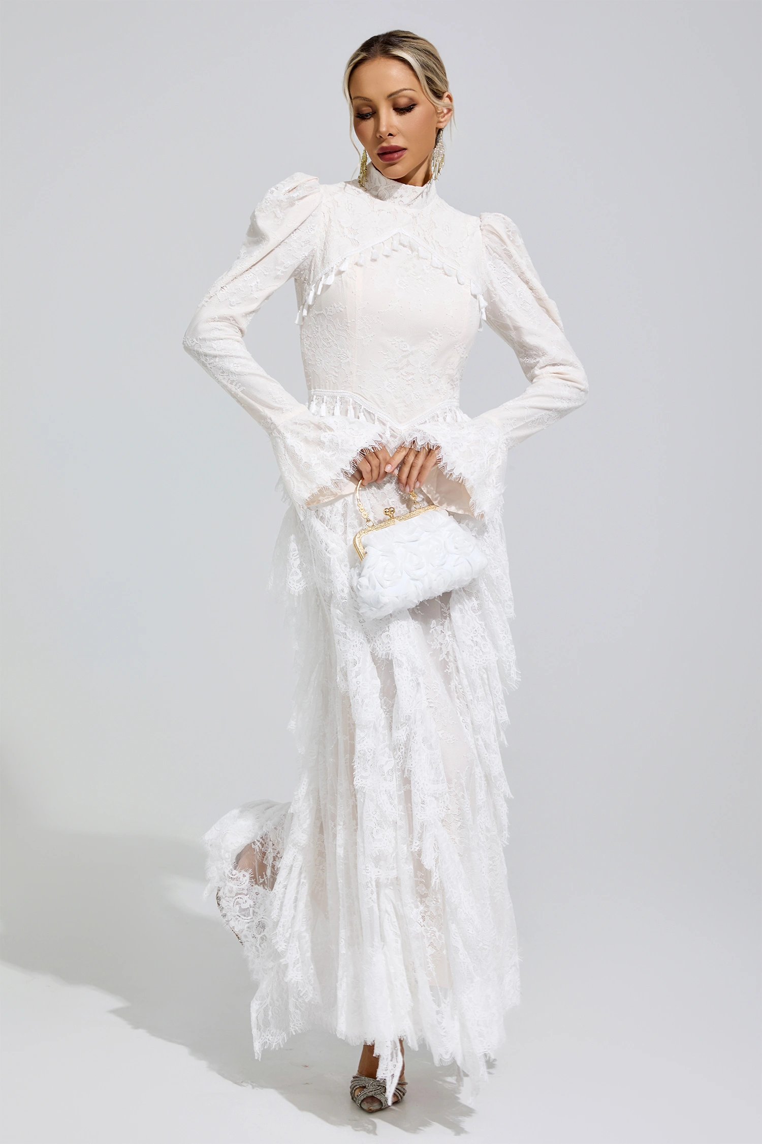 Rosalyn White Puff Sleeve Tassel Dress