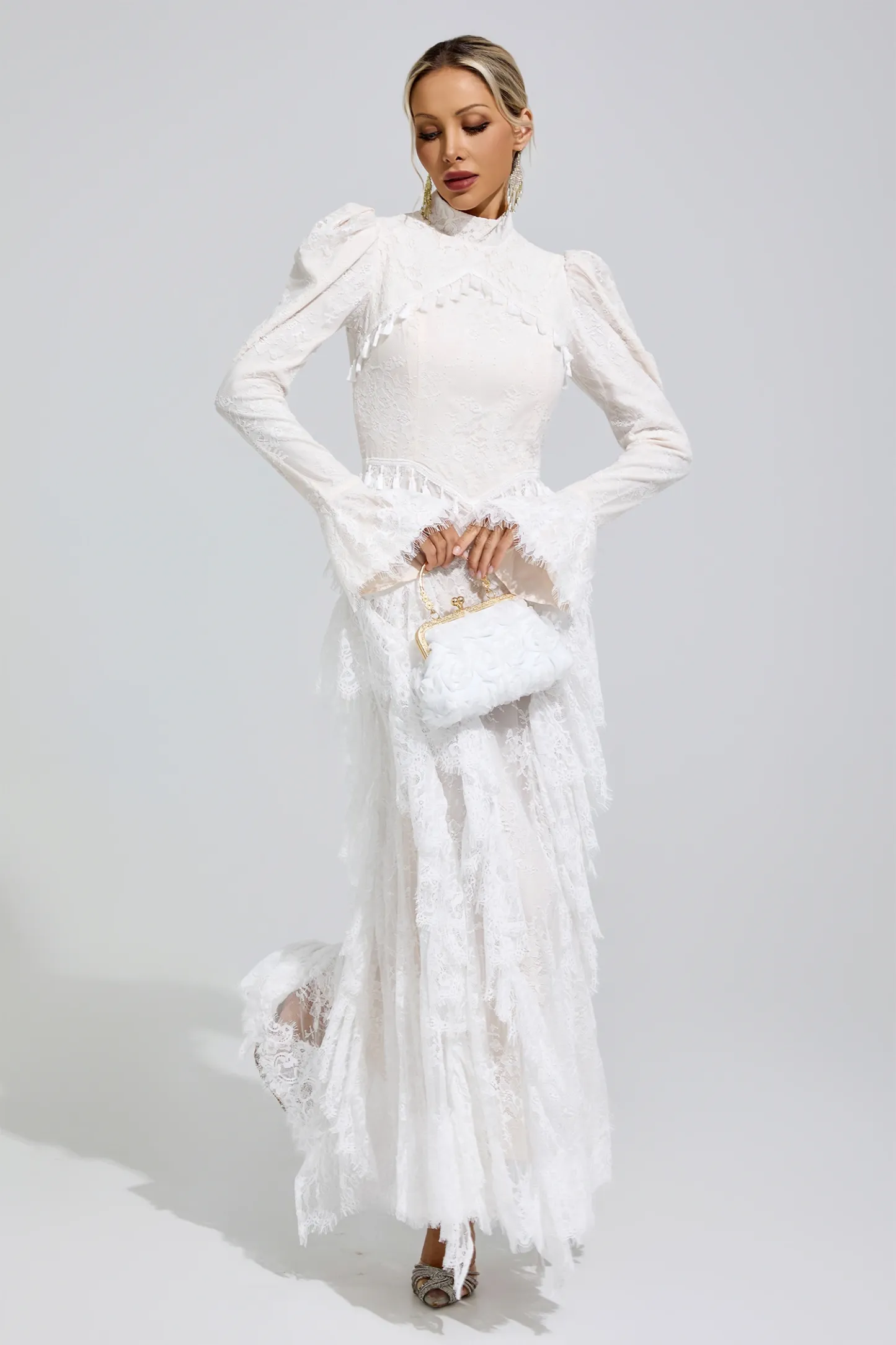 Rosalyn White Puff Sleeve Tassel Dress