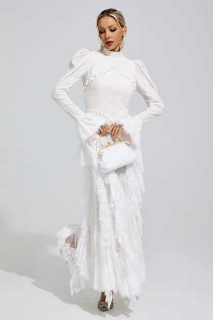 Rosalyn White Puff Sleeve Tassel Dress