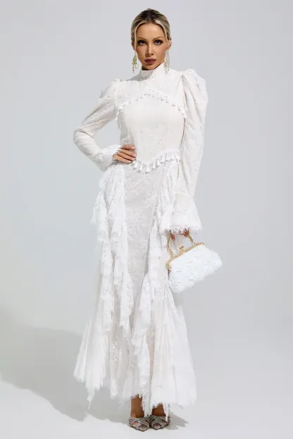Rosalyn White Puff Sleeve Tassel Dress