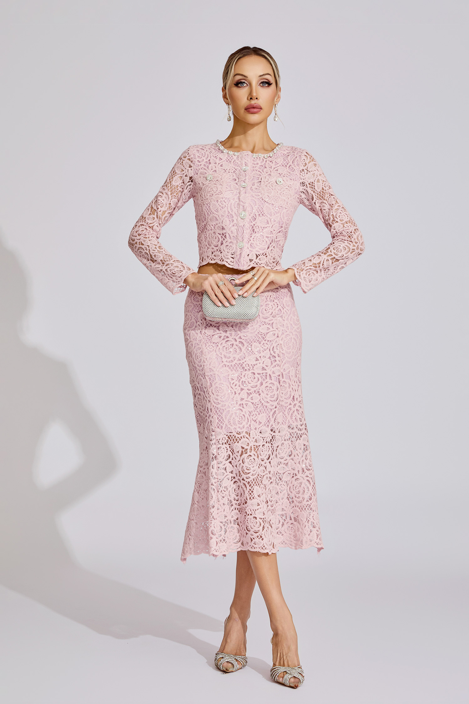 Joy Pink Rhinestone Embroidered Lace Two Piece Set