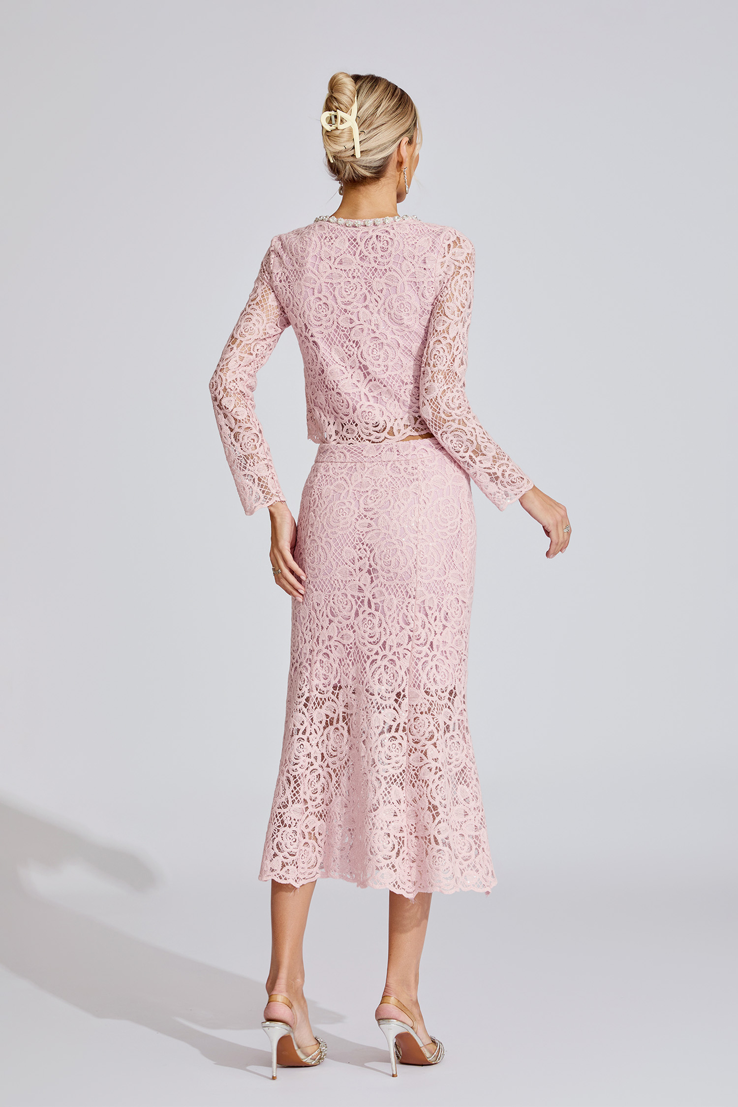 Joy Pink Rhinestone Embroidered Lace Two Piece Set