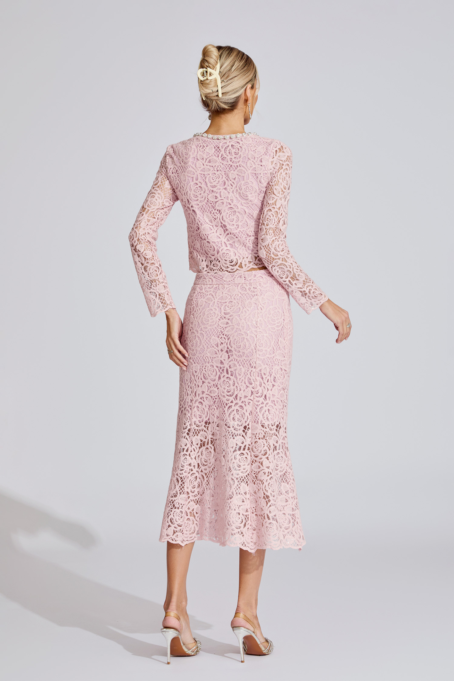 Joy Pink Rhinestone Embroidered Lace Two Piece Set