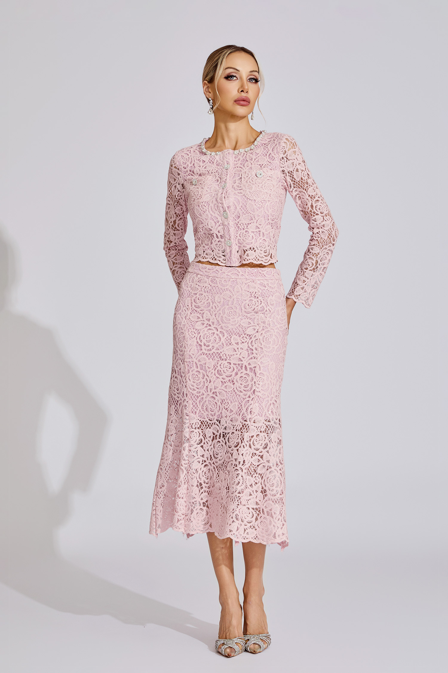 Joy Pink Rhinestone Embroidered Lace Two Piece Set