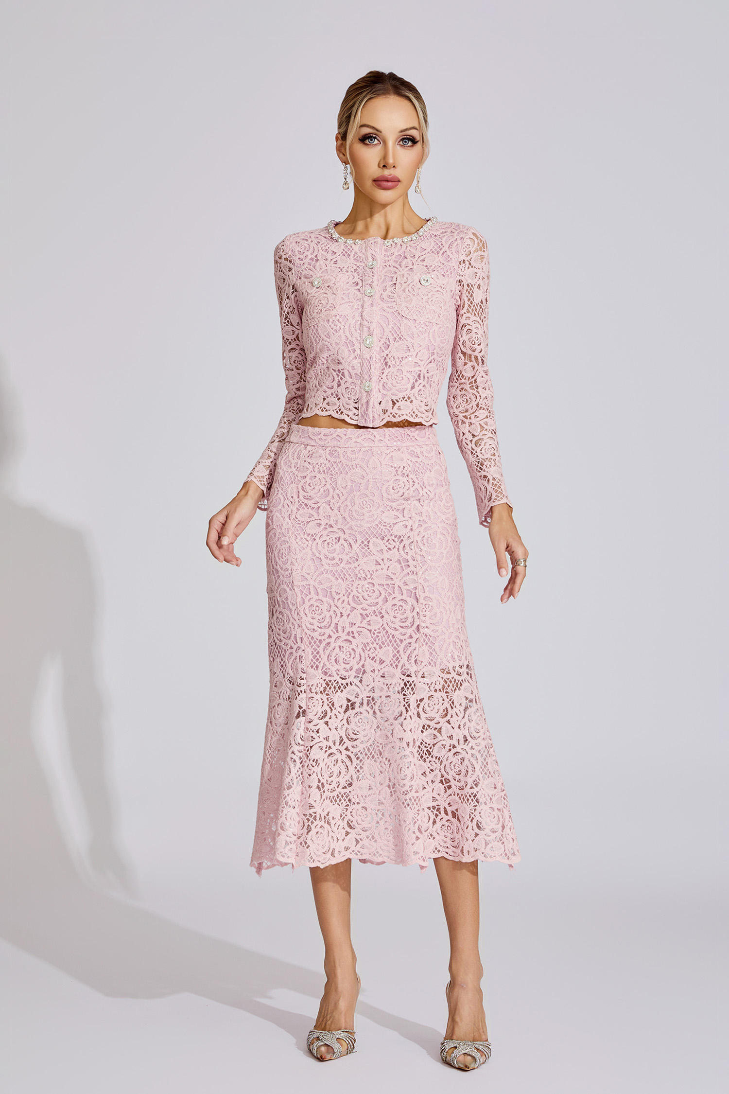 Joy Pink Rhinestone Embroidered Lace Two Piece Set