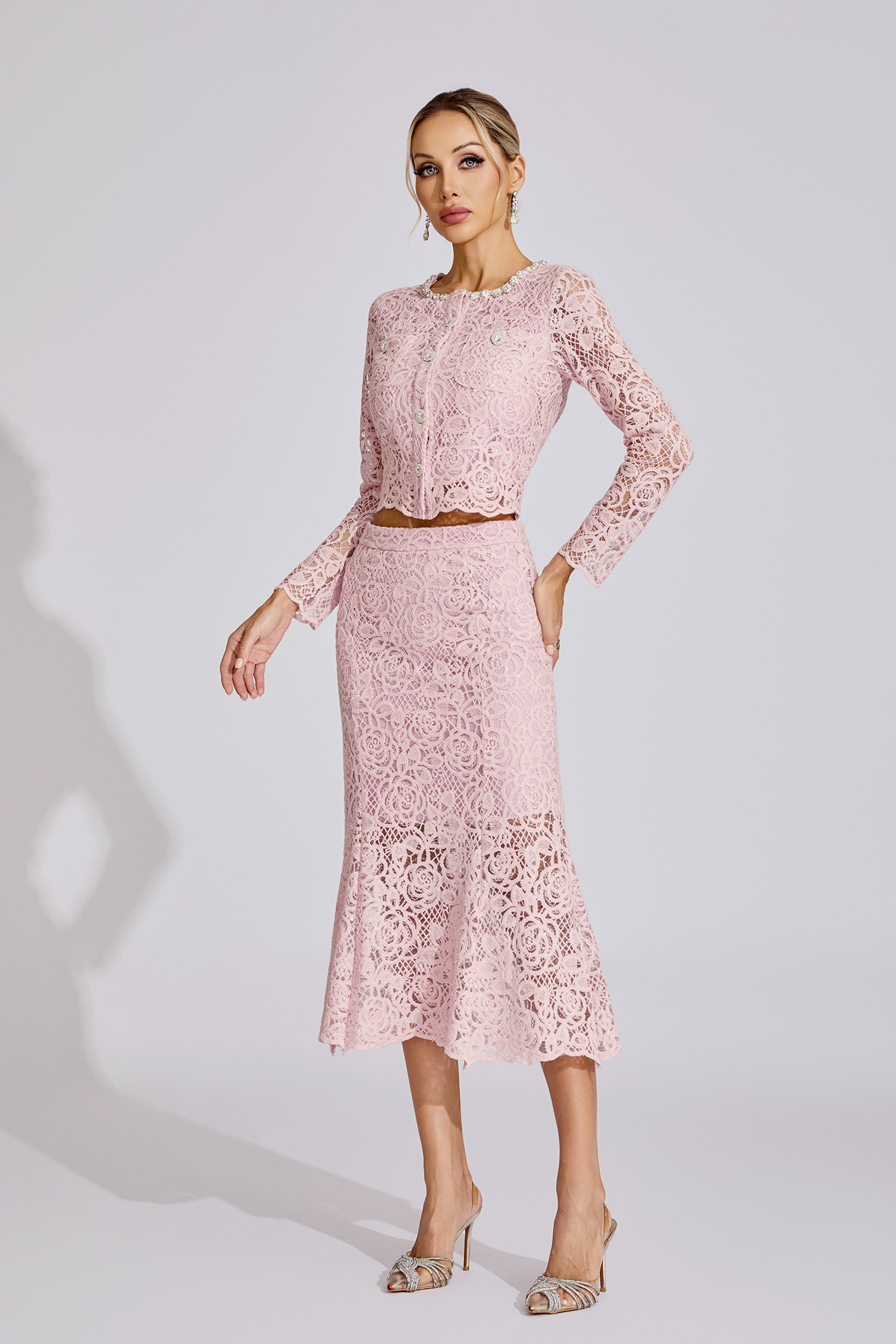 Joy Pink Rhinestone Embroidered Lace Two Piece Set