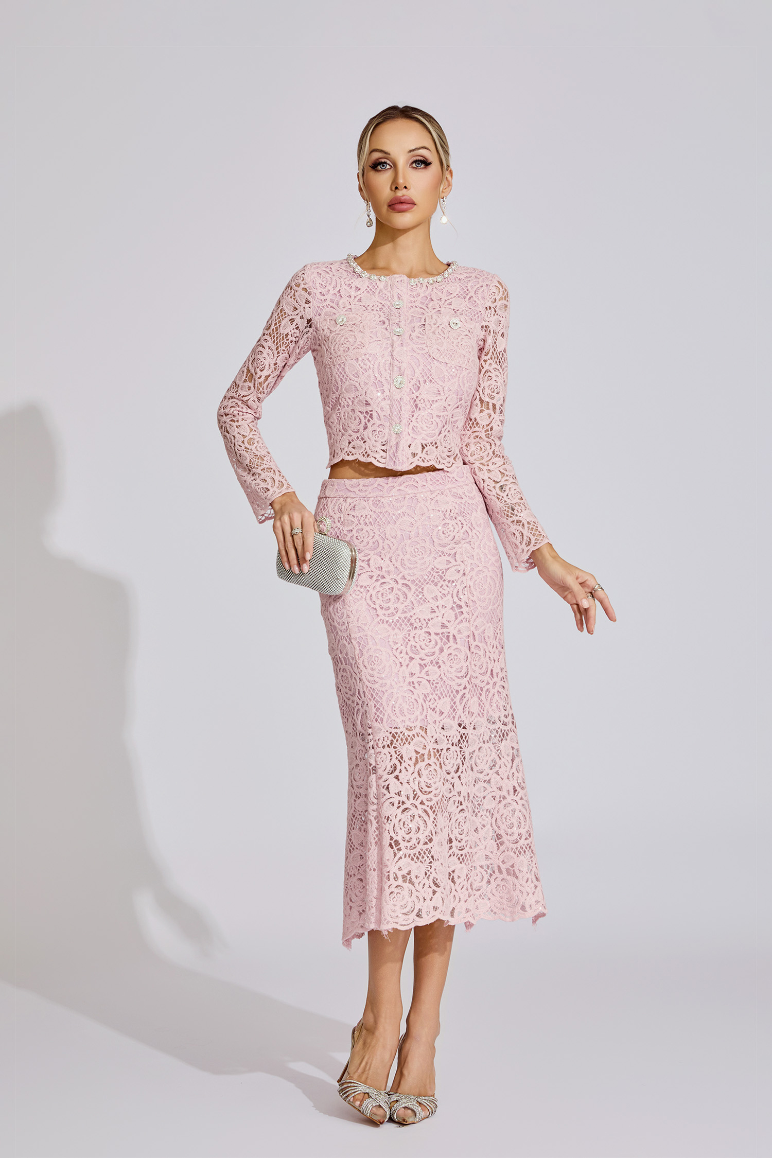 Joy Pink Rhinestone Embroidered Lace Two Piece Set