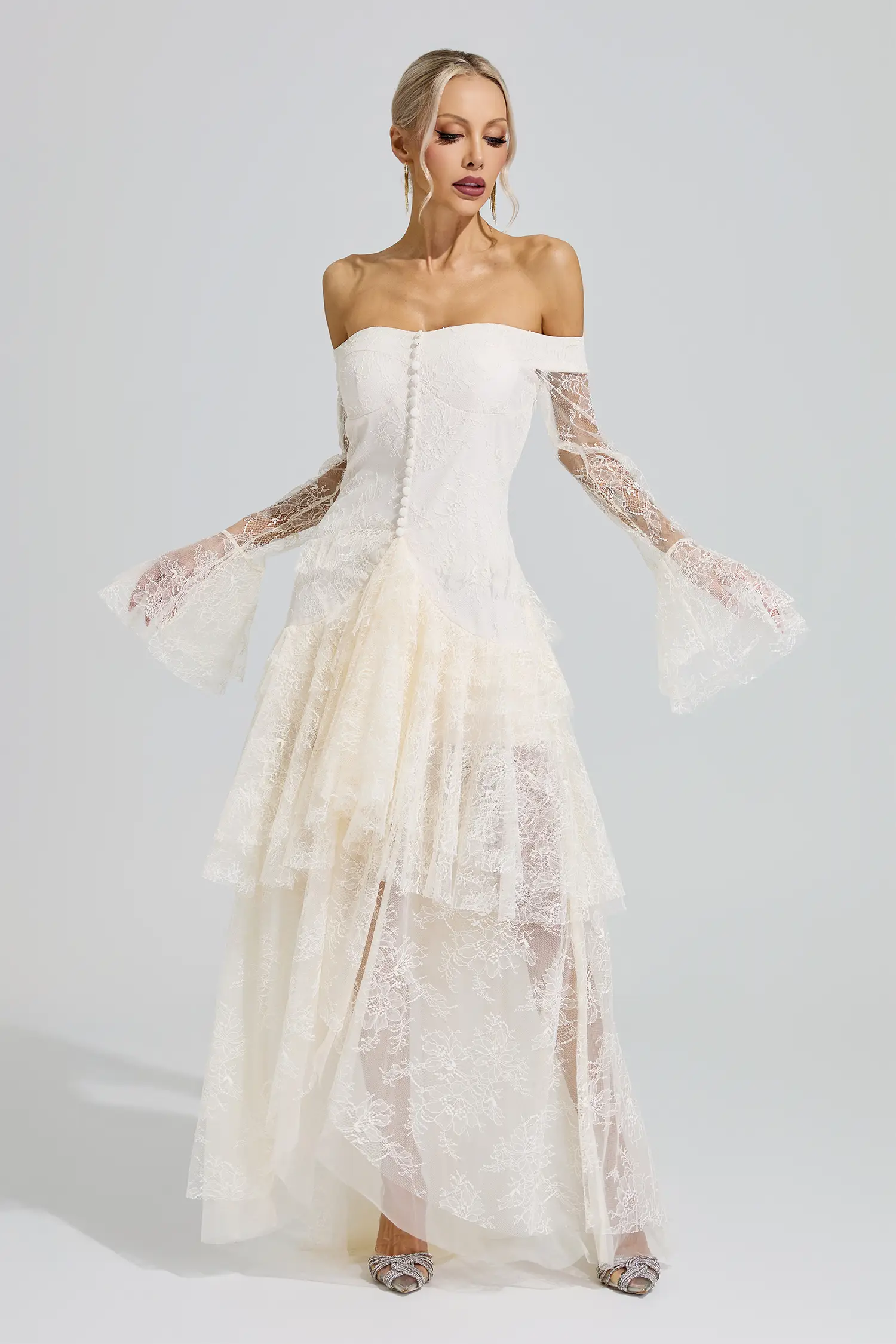 Guevara White Lace Ruffle Tiered Maxi Dress