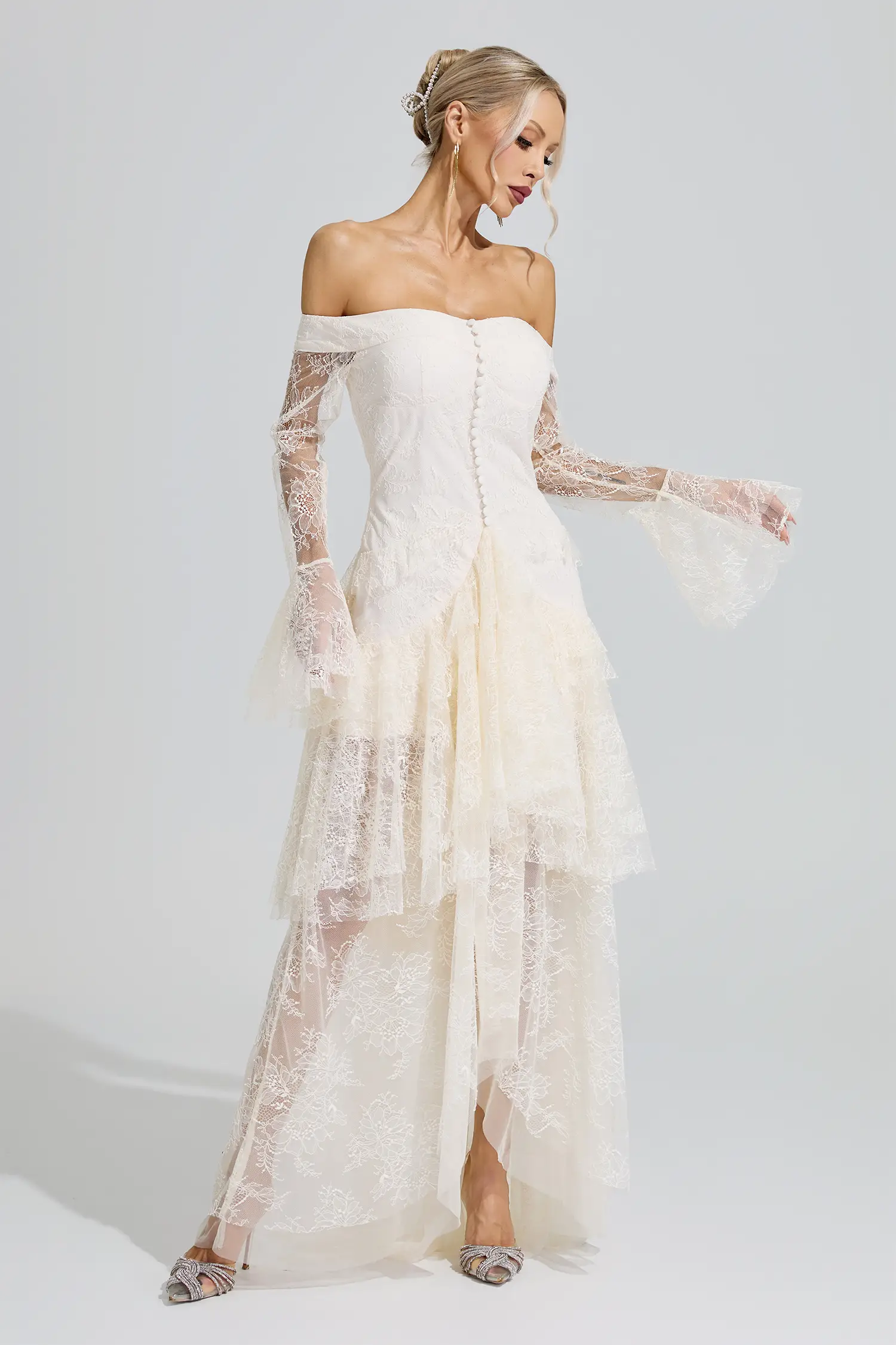 Guevara White Lace Ruffle Tiered Maxi Dress