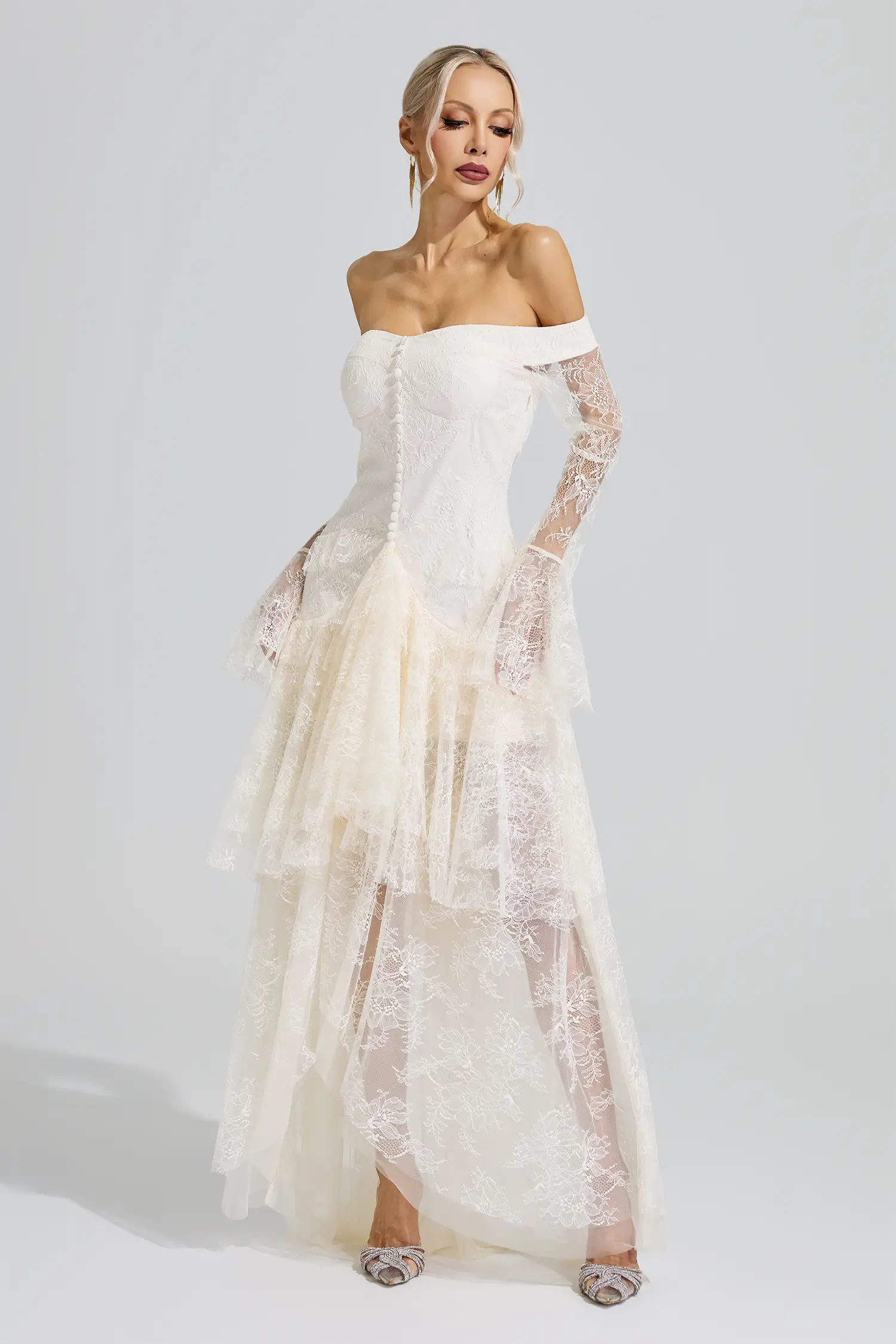 Guevara White Lace Ruffle Tiered Maxi Dress