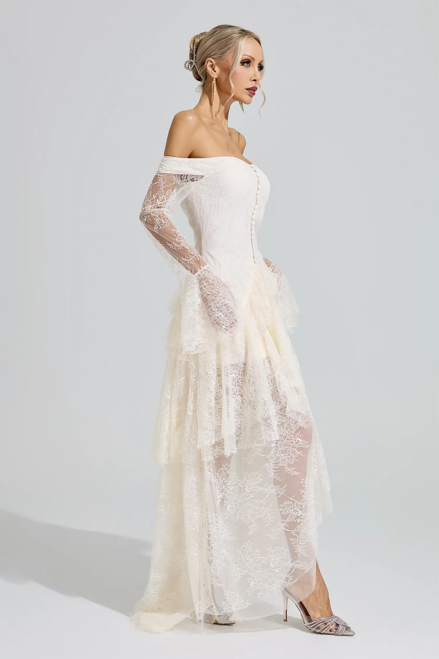 Guevara White Lace Ruffle Tiered Maxi Dress