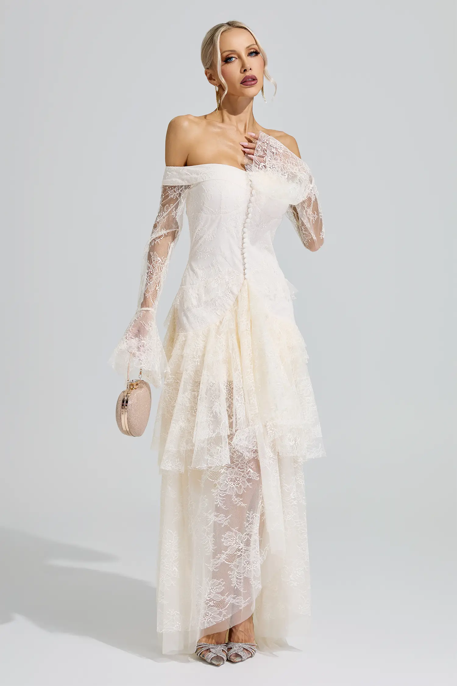 Guevara White Lace Ruffle Tiered Maxi Dress