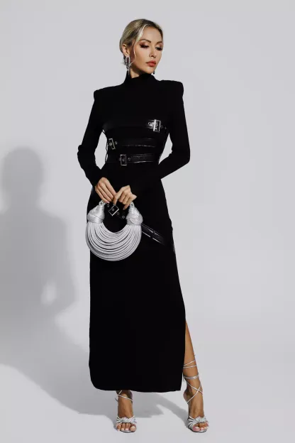 Tulip Black PU Maxi Dress