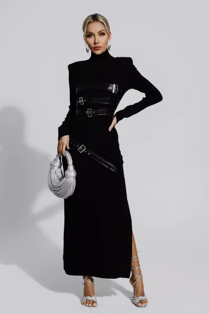 Tulip Black PU Maxi Dress