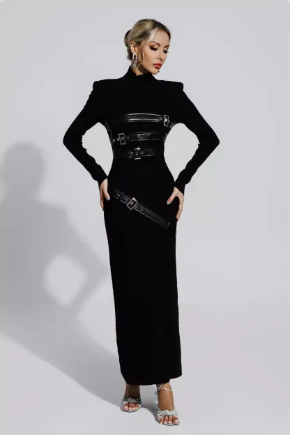 Tulip Black PU Maxi Dress