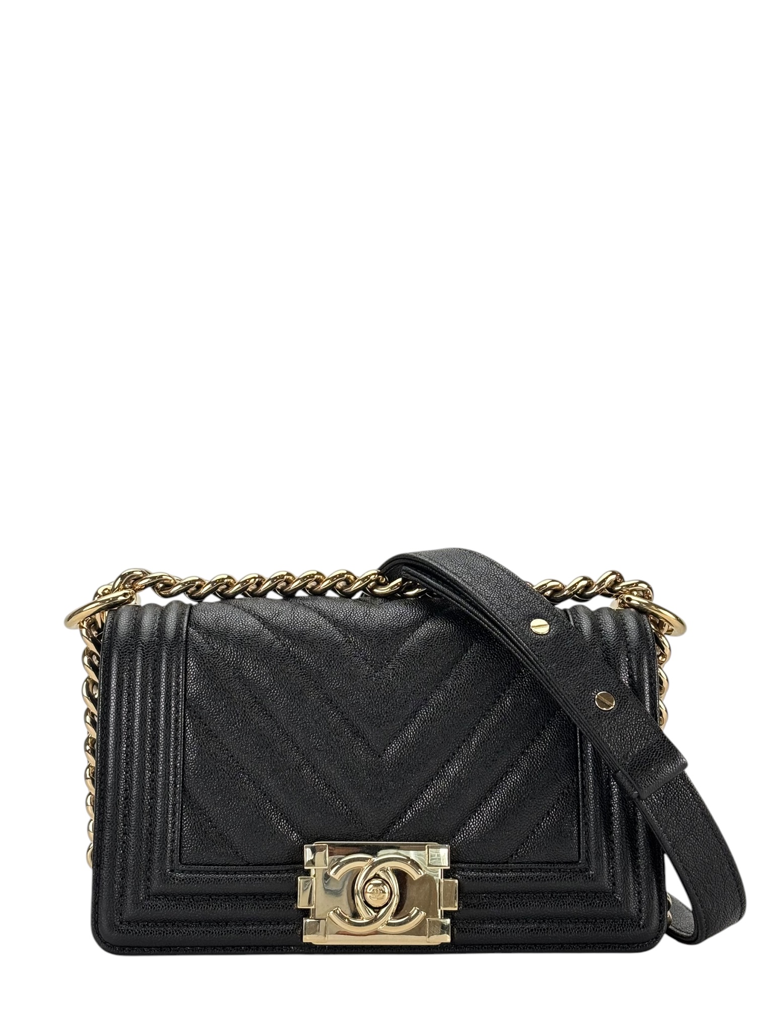 CHANEL - Small Boy Flap Bag V-stich Black Caviar Sliver Hardware