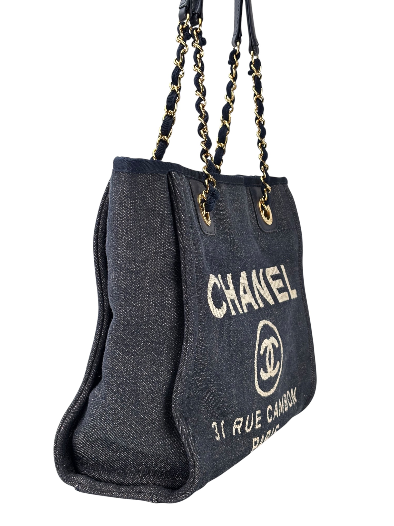 CHANEL - Navy Mixed Fibers Striped Deauville Tote Bag – Camellia
