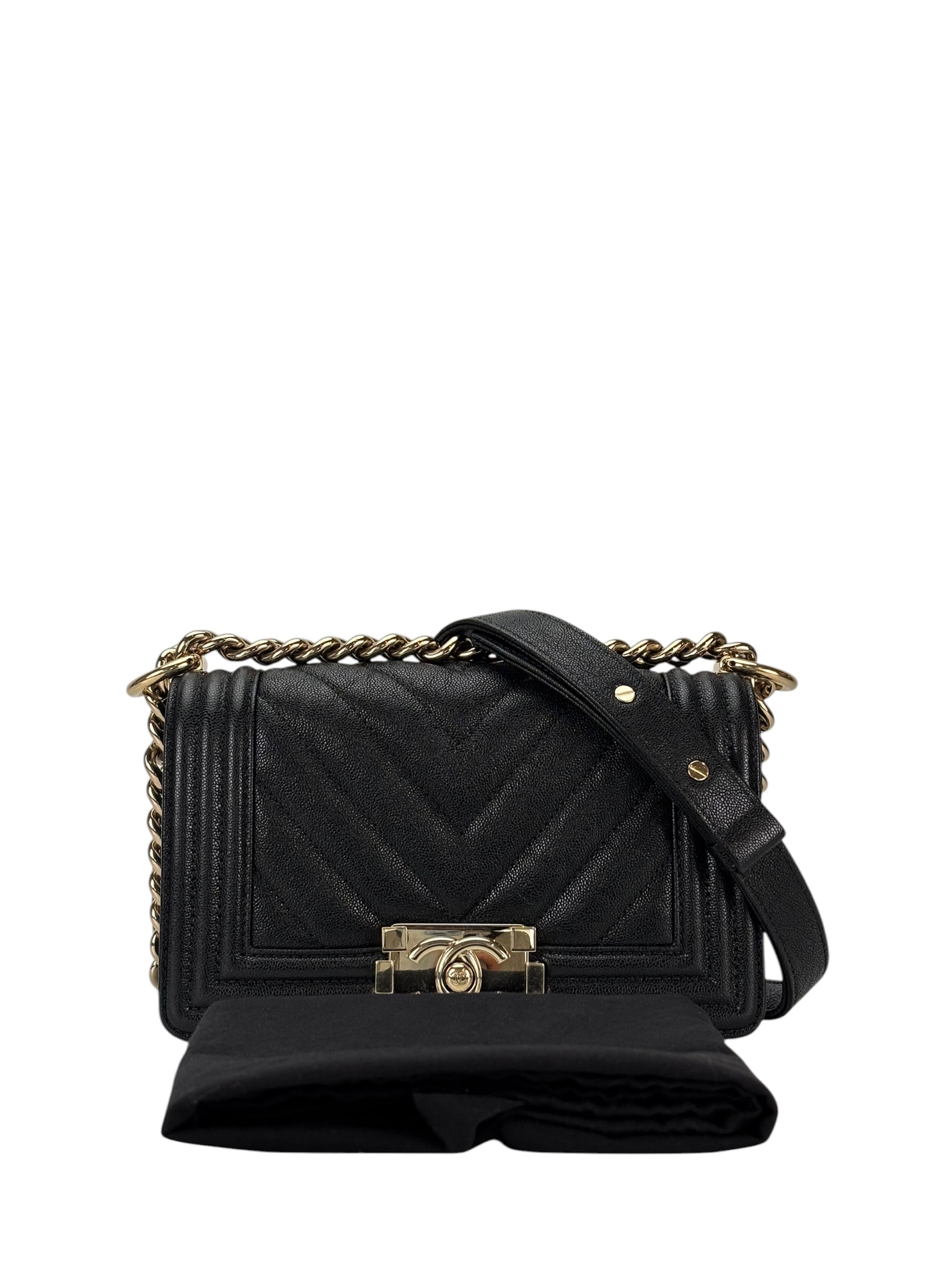 CHANEL - Small Boy Flap Bag V-stich Black Caviar Sliver Hardware