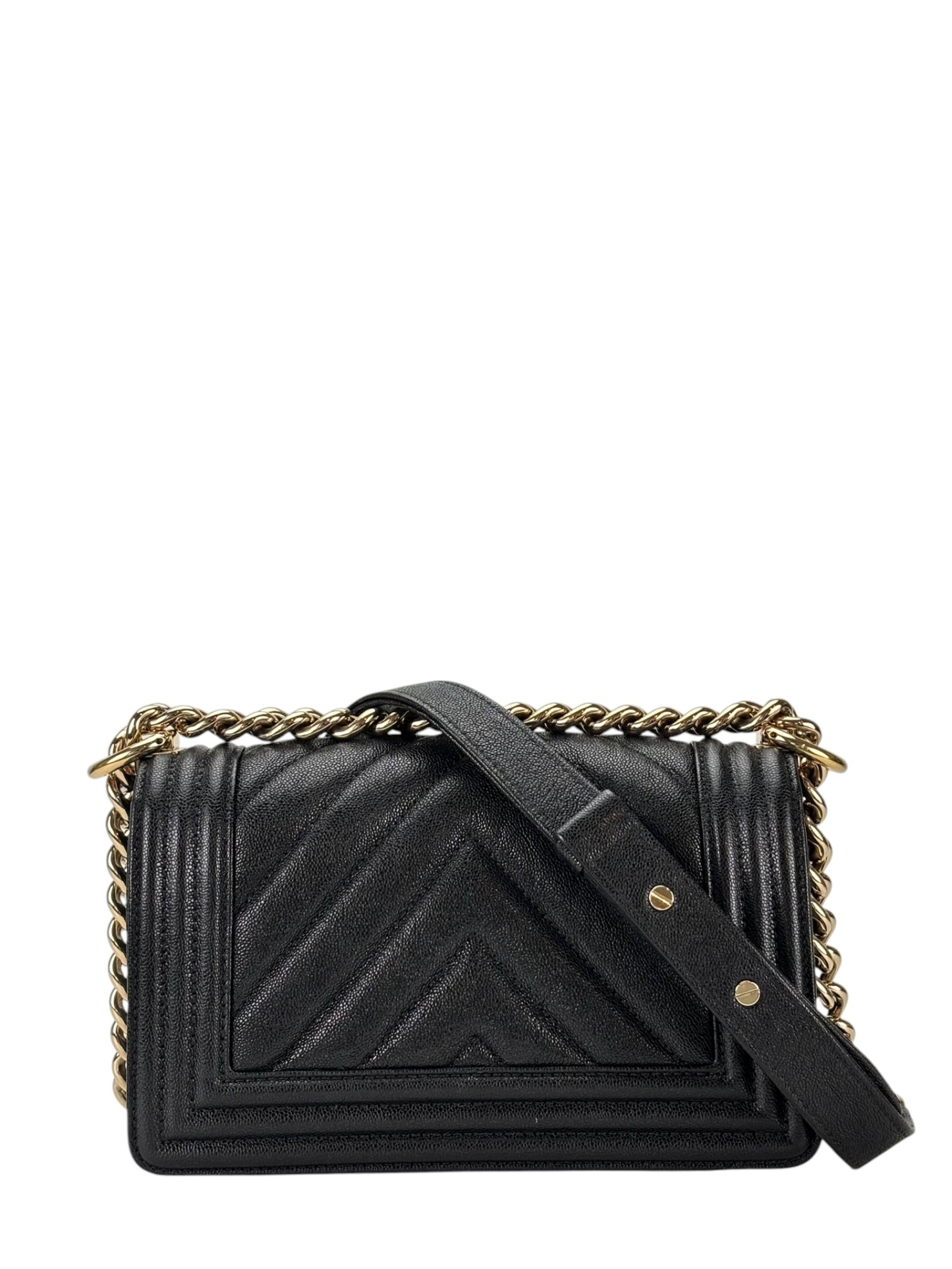 CHANEL - Small Boy Flap Bag V-stich Black Caviar Sliver Hardware