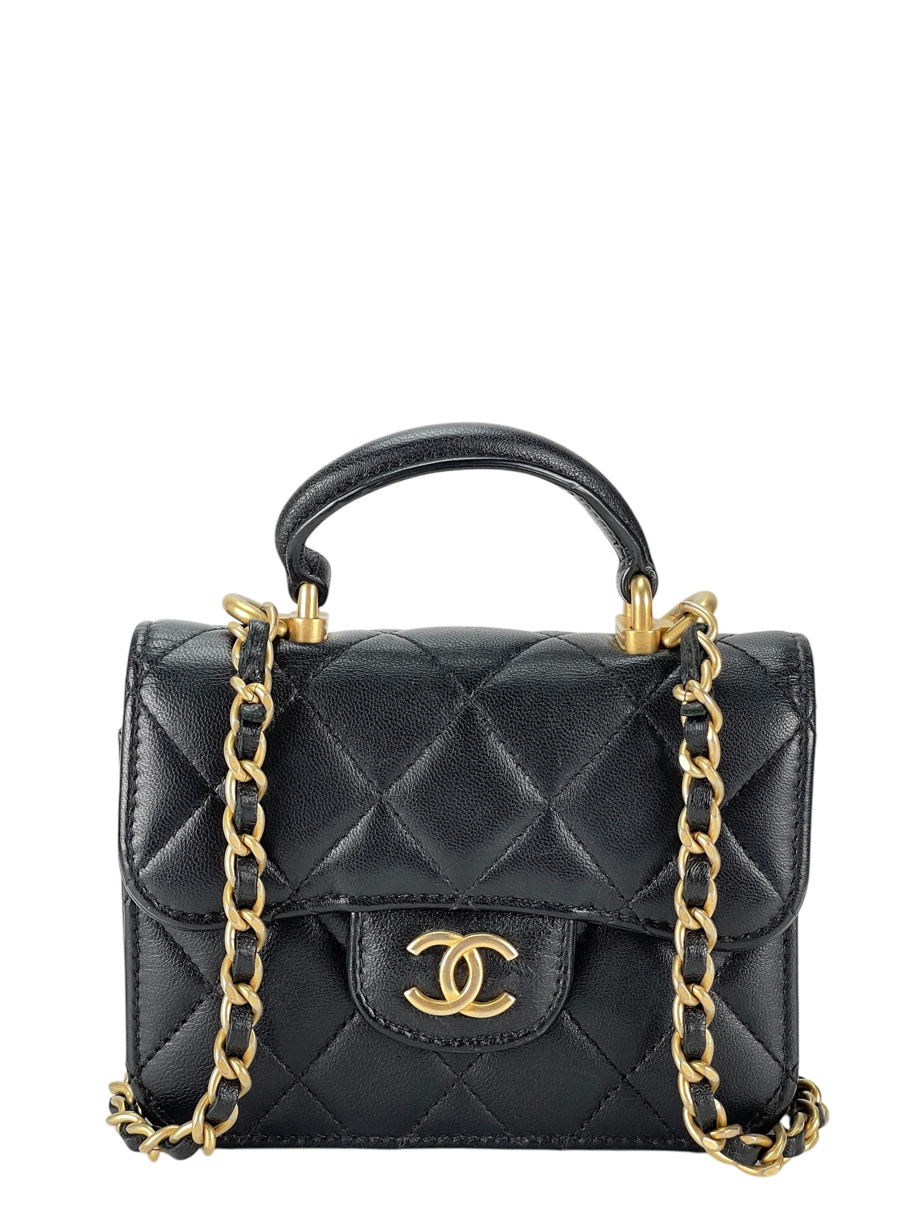 CHANEL - Black Lambskin Flap Coin Purse Mini Matelasse Chain Bag