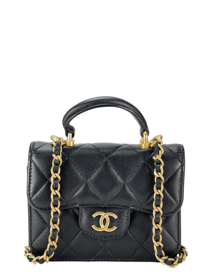 CHANEL - Black Lambskin Flap Coin Purse Mini Matelasse Chain Bag