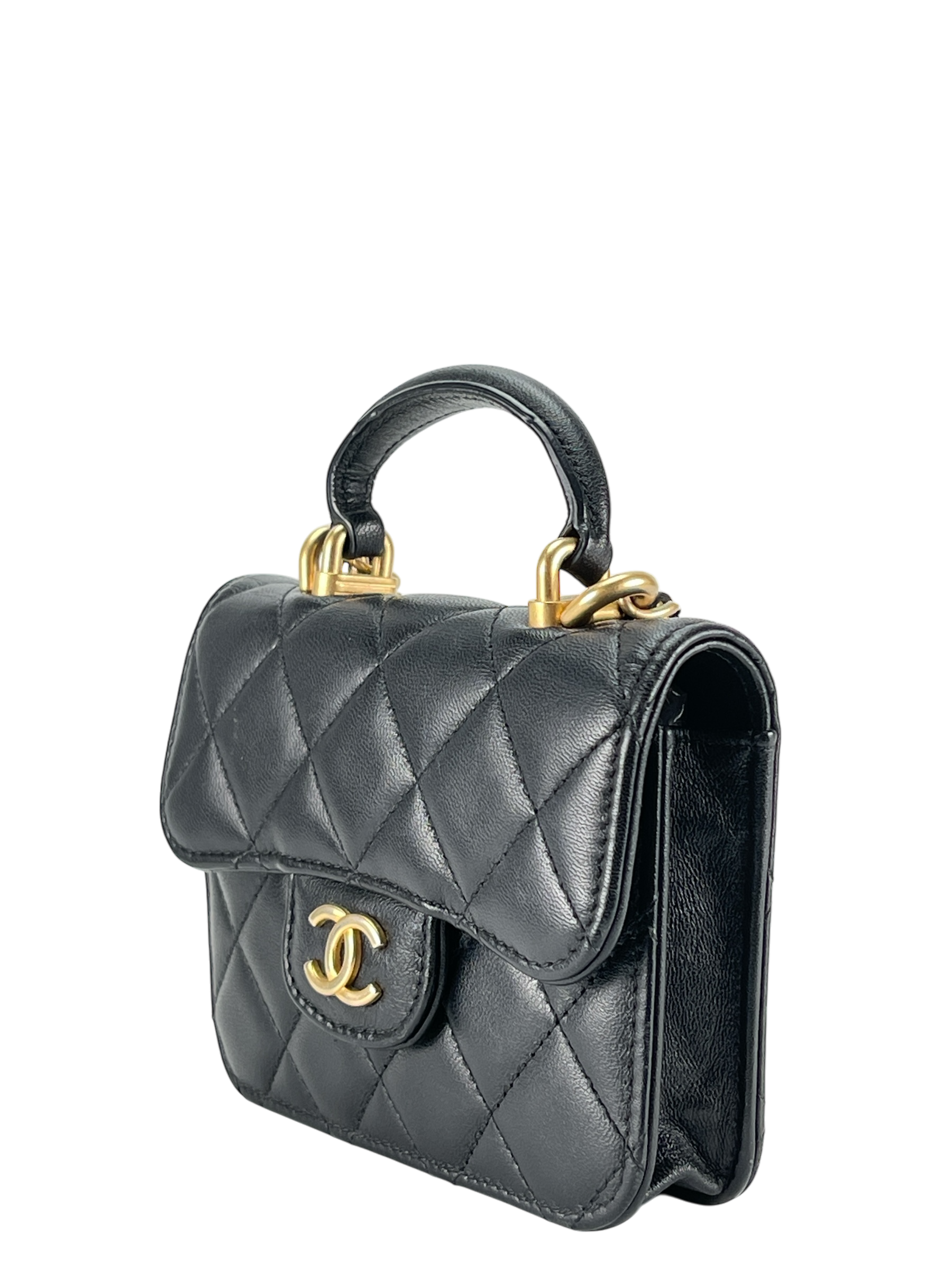 CHANEL - Black Lambskin Flap Coin Purse Mini Matelasse Chain Bag