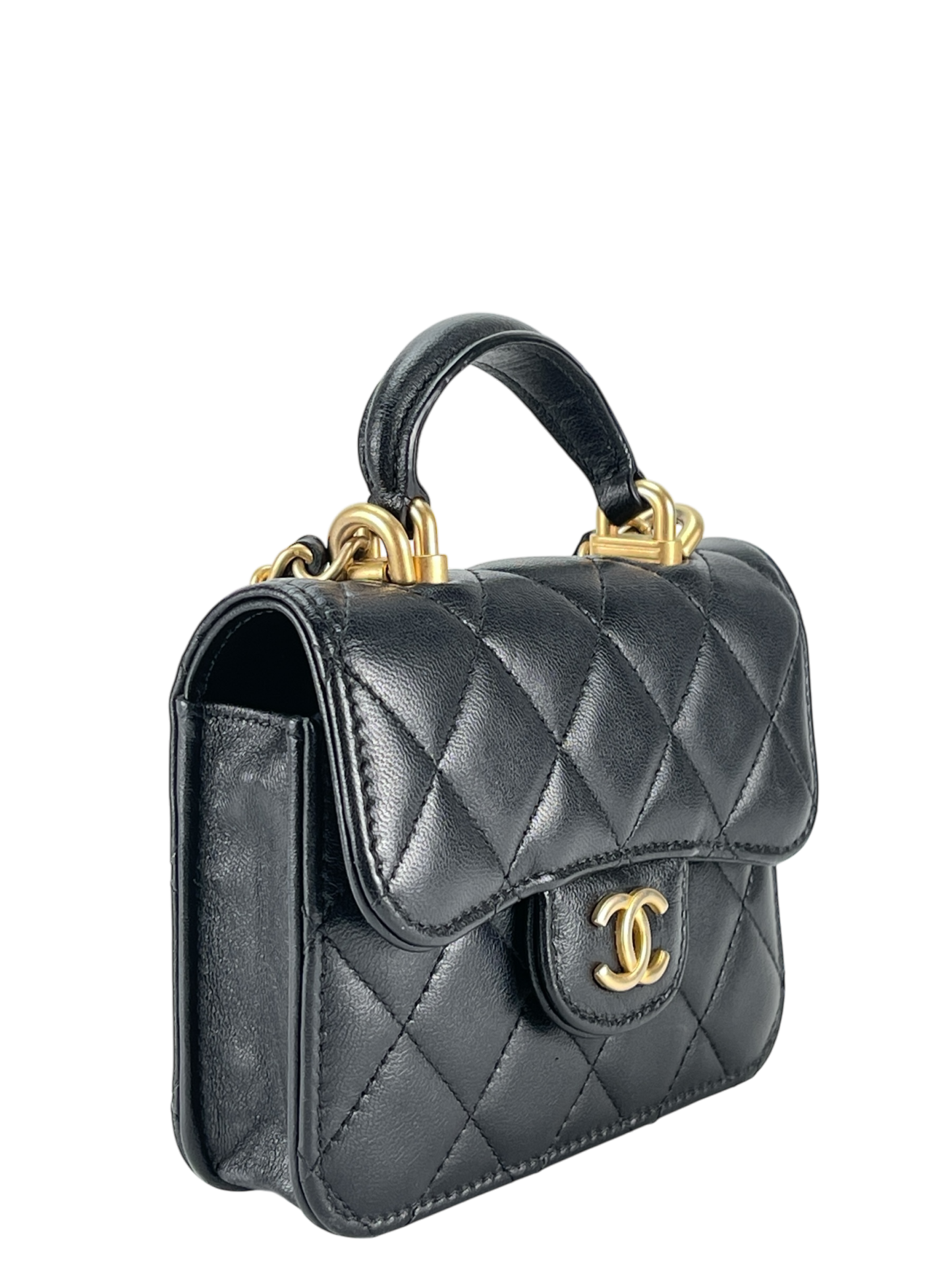 CHANEL - Black Lambskin Flap Coin Purse Mini Matelasse Chain Bag