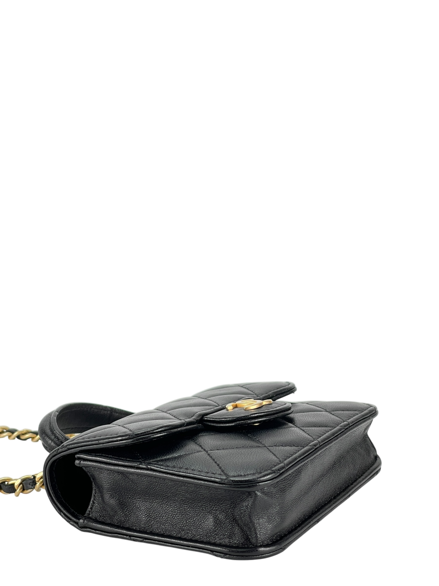 CHANEL - Black Lambskin Flap Coin Purse Mini Matelasse Chain Bag