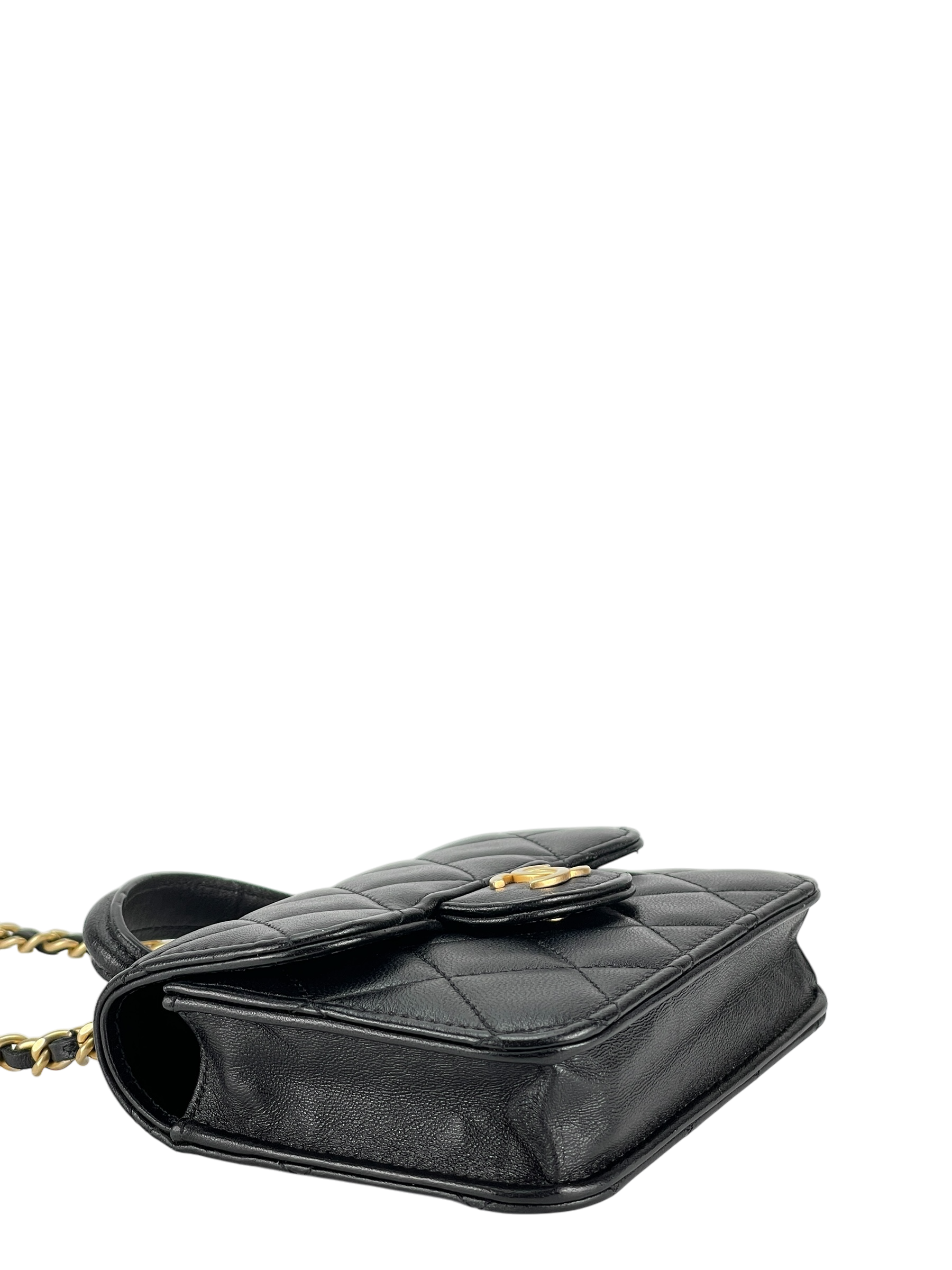 CHANEL - Black Lambskin Flap Coin Purse Mini Matelasse Chain Bag