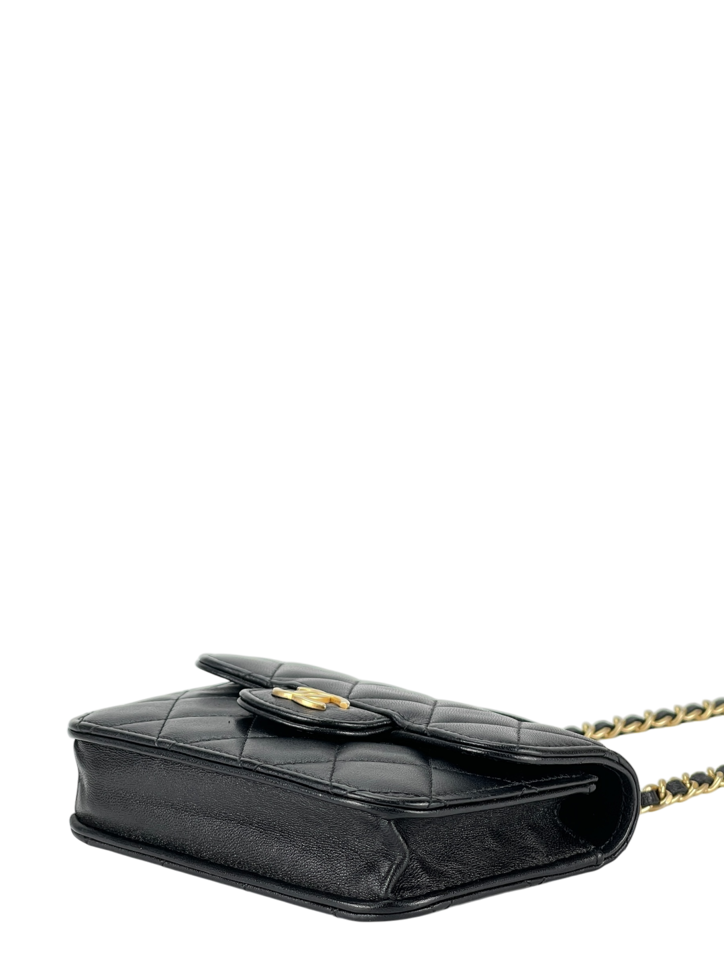 CHANEL - Black Lambskin Flap Coin Purse Mini Matelasse Chain Bag