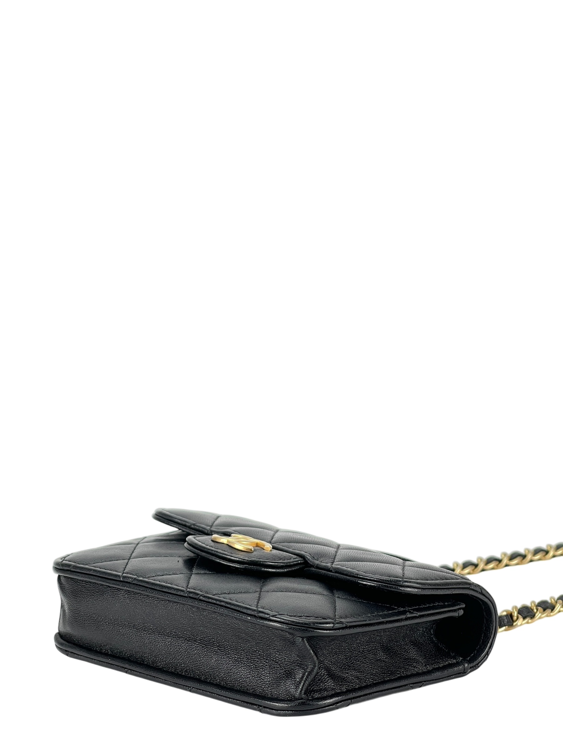 CHANEL - Black Lambskin Flap Coin Purse Mini Matelasse Chain Bag